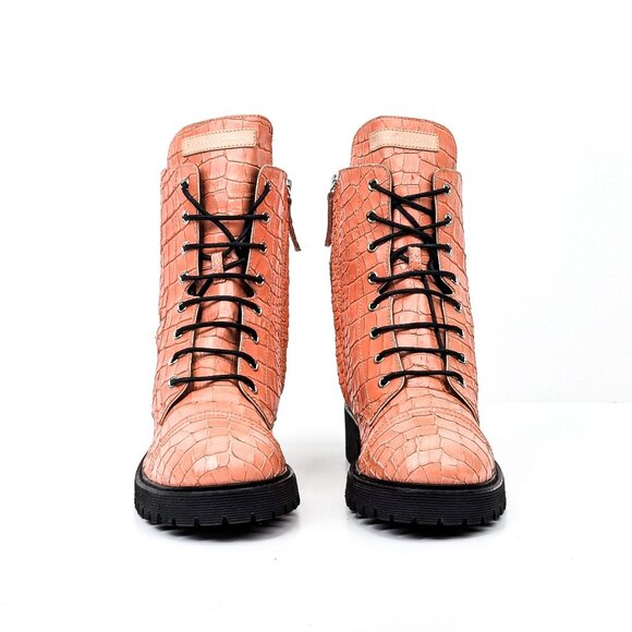 Giuseppe Zanotti Women Pink Salmon Croc Lace Leather Combat Boots 10.5US EUR 41 - Picture 2 of 8
